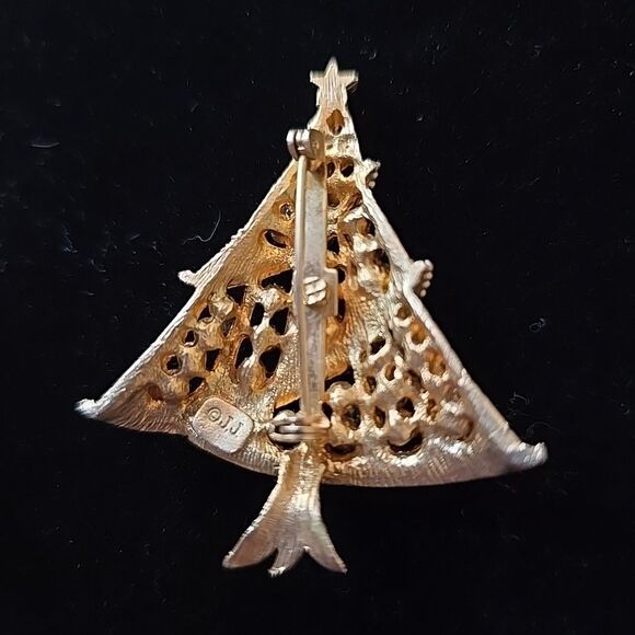 Christmas Tree Rhinestone Brooch Pin Signed Vintage Gold Tone JJ Jonette - Picture 4 of 4